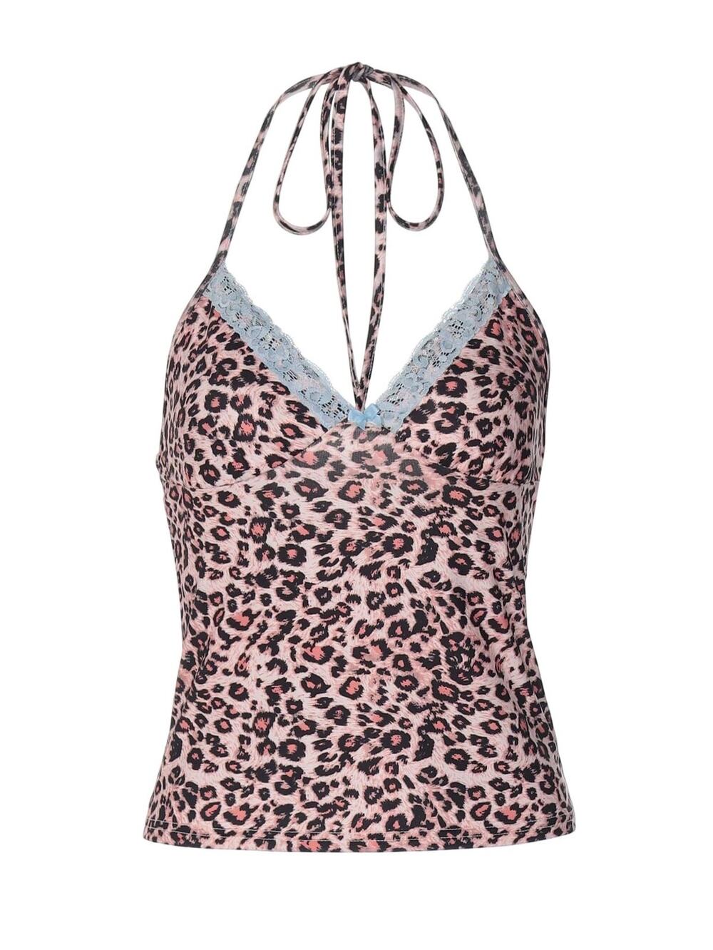 Womens S Halter Top Cami Pink Leopard Print Blue Lace Trim Tie Back Y2K Style